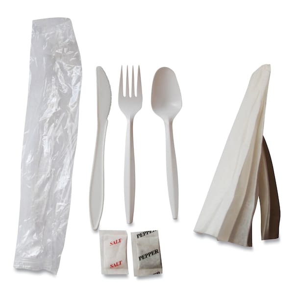 Mediumweight Cutlery Kit, Plastic Fork/Spoon/Knife/Salt/Pep/Napkin, White, PK250, 250PK